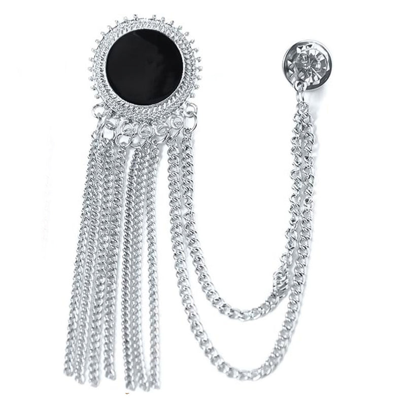 Round Circular Brooch Pin Tassel with Chains and Black Stone Jewel For Men Silver Front