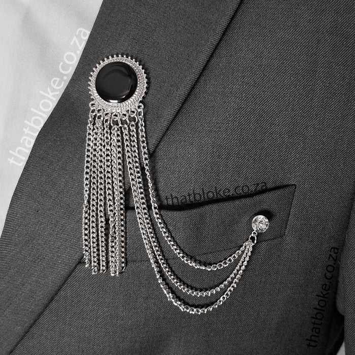 Men's Brooch - Circular Decorative Tassel with Chains & Stone (Silver & Black)