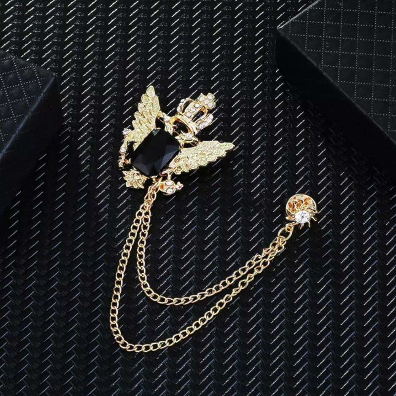 Gold Crown Wings Brooch For Men With Double Chain Display Front