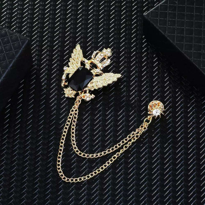 Gold Crown Wings Brooch For Men With Double Chain Display Front
