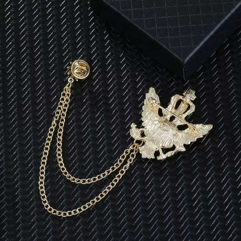 Men's Brooch - Crown Wings with Chain & Jewel (Gold)