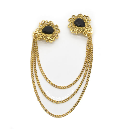 Decorative Swirl Jewel Chain Men's Brooch Golden Bronze With Black Stone Front