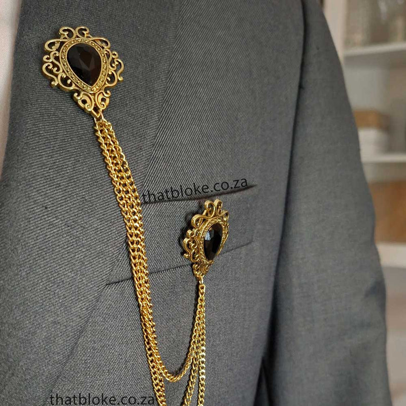 Men's Brooch - Decorative Swirl Jewel Chain (Golden Bronze & Black)