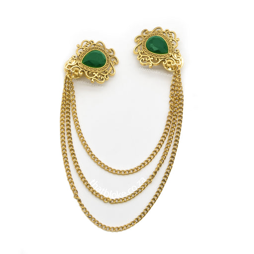 Decorative Swirl Jewel Chain Men's Brooch Golden Bronze With Green Stone Front