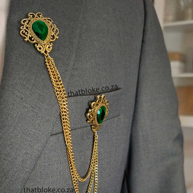 Men's Brooch - Decorative Swirl Jewel Chain (Golden Bronze & Green)