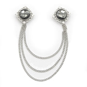Decorative Silver Square Brooch For Men with Round Transparent Black Jewel Stone and Chains Front View