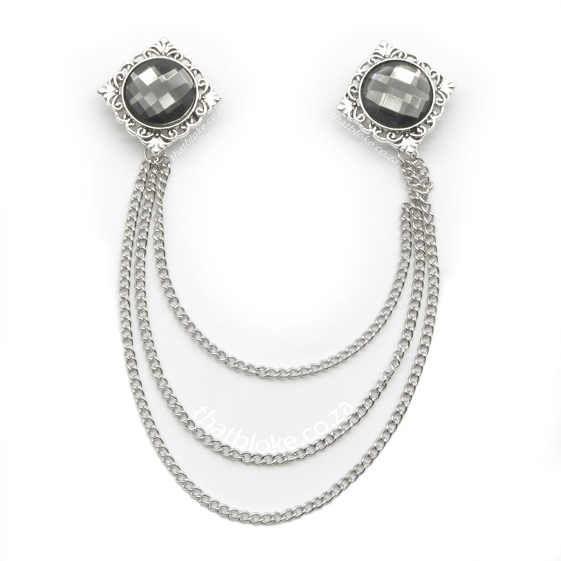 Decorative Silver Square Brooch For Men with Round Transparent Black Jewel Stone and Chains Front View