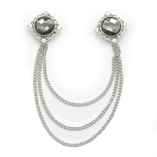 Decorative Silver Square Brooch For Men with Round Transparent Black Jewel Stone and Chains Front View