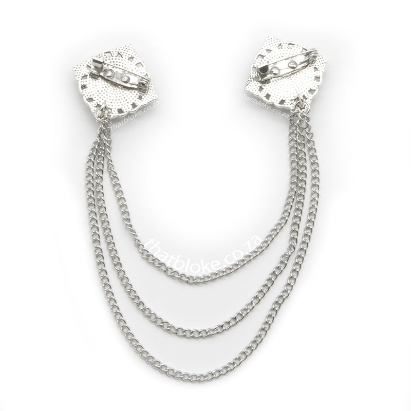 Men's Brooch - Decorative Swirl Square Chain with jewel (Silver & Black)