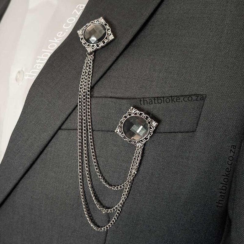 Men's Brooch - Decorative Swirl Square Chain with jewel (Silver & Black)
