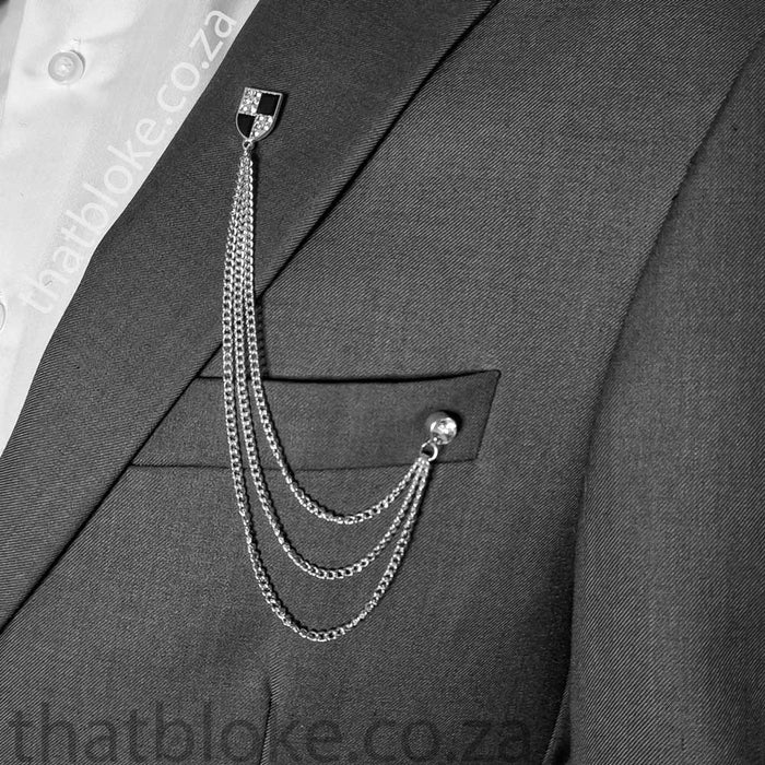 Mens Brooch Pin Shield With Chain and Jewel Silver Black On Suit Display
