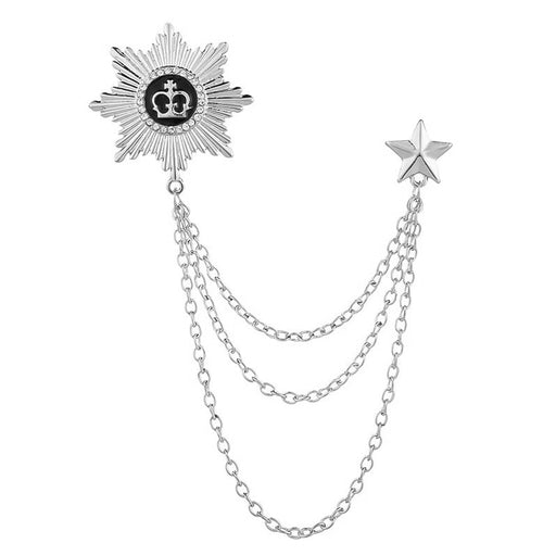 Military Crown Star Brooch Pin with Chain For Men Silver Front