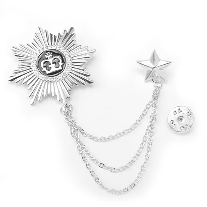 Military Crown Star Brooch Pin with Chain For Men Silver Side