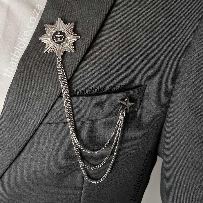 Men's Brooch - Star Crown Military with Chain (Silver)