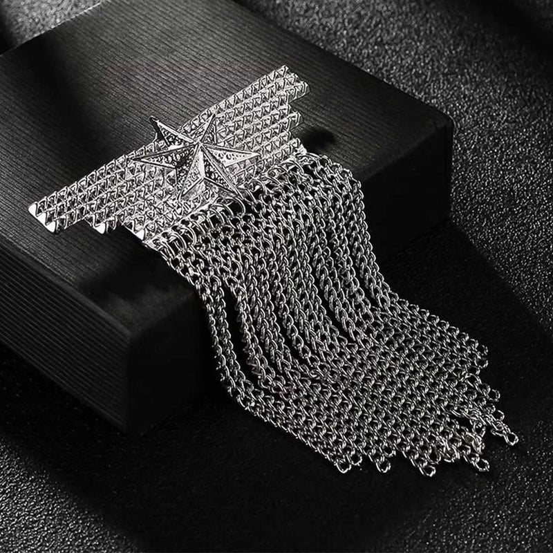 Military Star Brooch Pin Tassel with Chains For Men Silver Side
