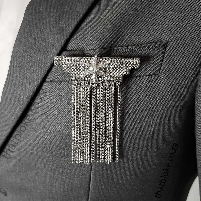 Men's Brooch - Star Military Tassel with Chains (Silver)
