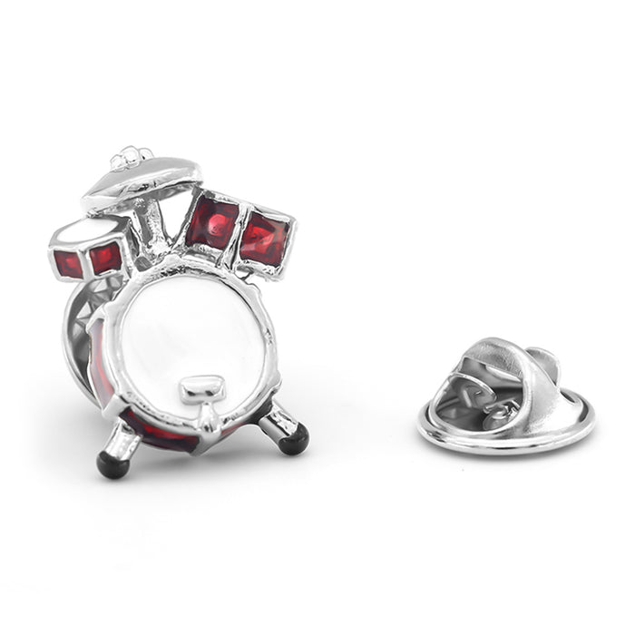 Drum Set Brooch For Men Pin Silver and Red Front View