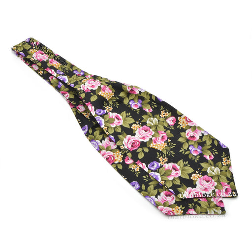 Black, Purple Pink Cravat Neck Tie For men Floral Rose Pattern Cotton Top View