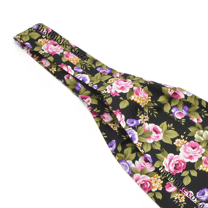 Black, Purple, Pink Cravat Neck Tie For men Floral Rose Pattern Cotton Close-Up View