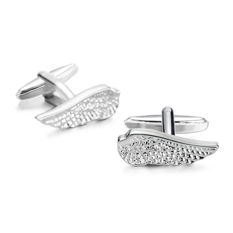 Angel Wings Cufflinks Silver Plain Front and Side