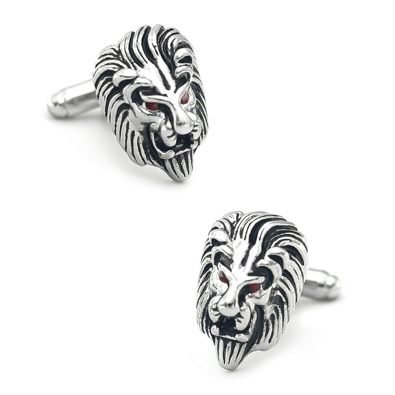 Lion Head Cufflinks Silver & Black South African Image Front Pair