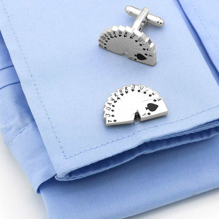 Lucky Silver Casino Playing Card Cufflinks Full Set On Shirt Sleeve