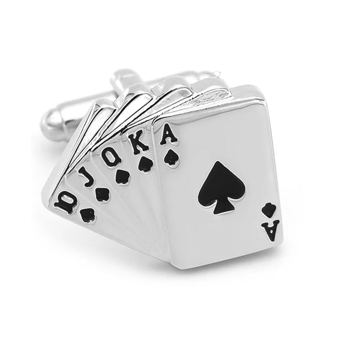 Lucky Casino Playing Cards Cufflinks Royal Flush Silver Front View