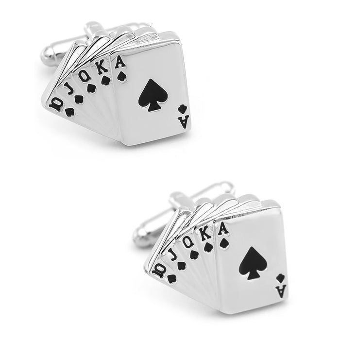 Lucky Casino Playing Cards Cufflinks Royal Flush Pair Silver Front View