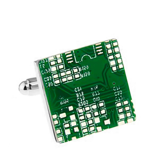 Circuit Board Cufflinks Green and Silver Front View