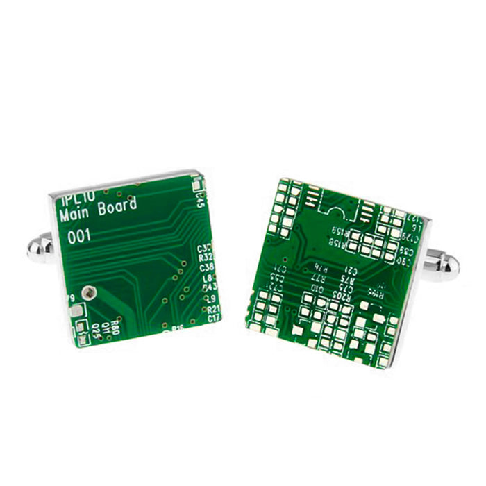 Circuit Board Cufflinks Green and Silver Pair Front