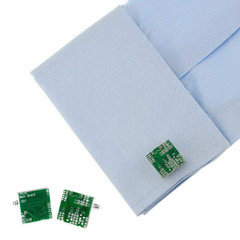 Circuit Board Cufflinks Green and Silver On Shirt Sleeve