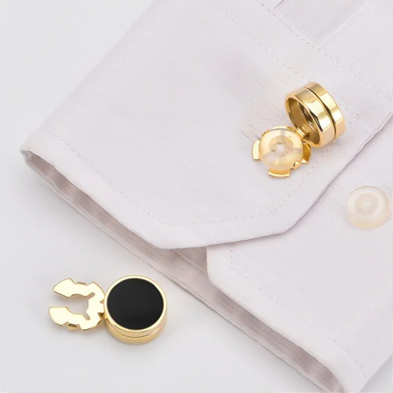 Cuff Button Cover Gold and Black Resin Fill On Shirt Sleeve