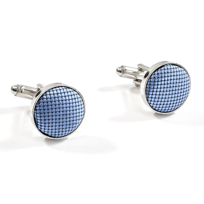 Light Carolina Blue Fabric Cufflinks Material Silver Micro Check