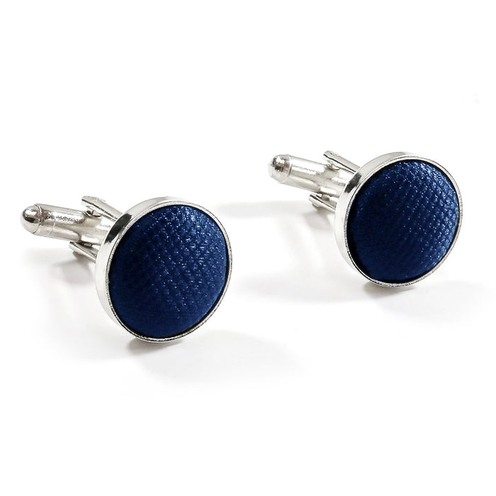 Dark Navy Blue Fabric Cufflinks Material Silver Micro Check