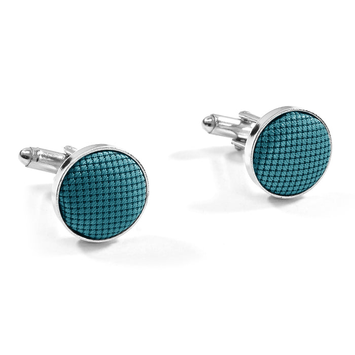 Turquoise Green Fabric Cufflinks Material Silver Micro Check