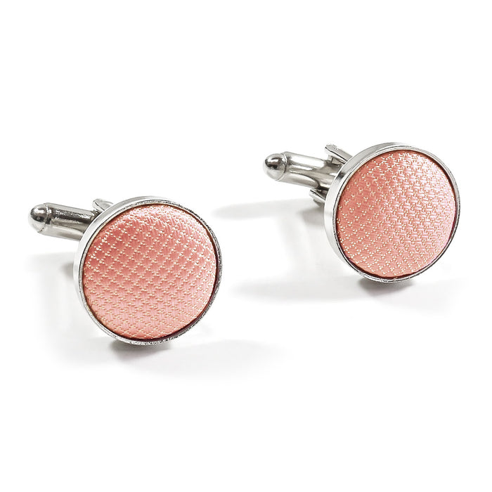 Light Apricot Peach Pink Fabric Cufflinks Material Silver Mirco Check