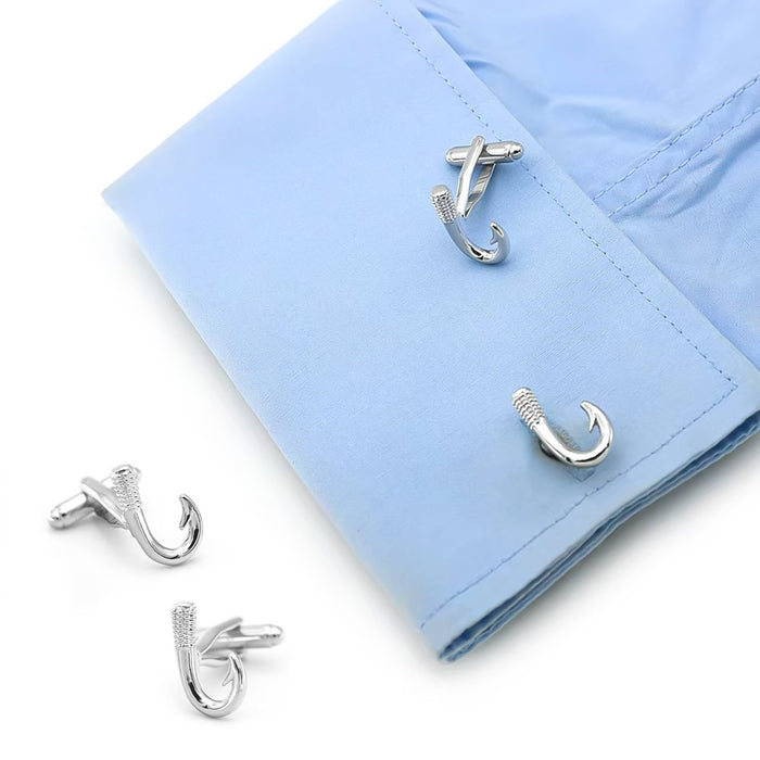 Fishing Hook Cufflinks For Men Silver On Shirt Sleeve