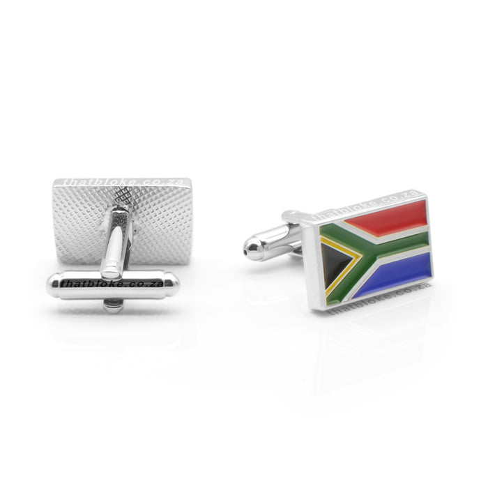 South African Flag Cufflinks Silver Rectangular Front and Back Image