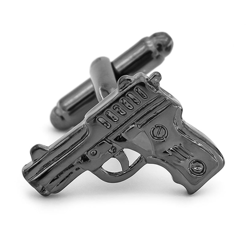 Hand Gun Cufflinks Pistol Gunmetal Black Front