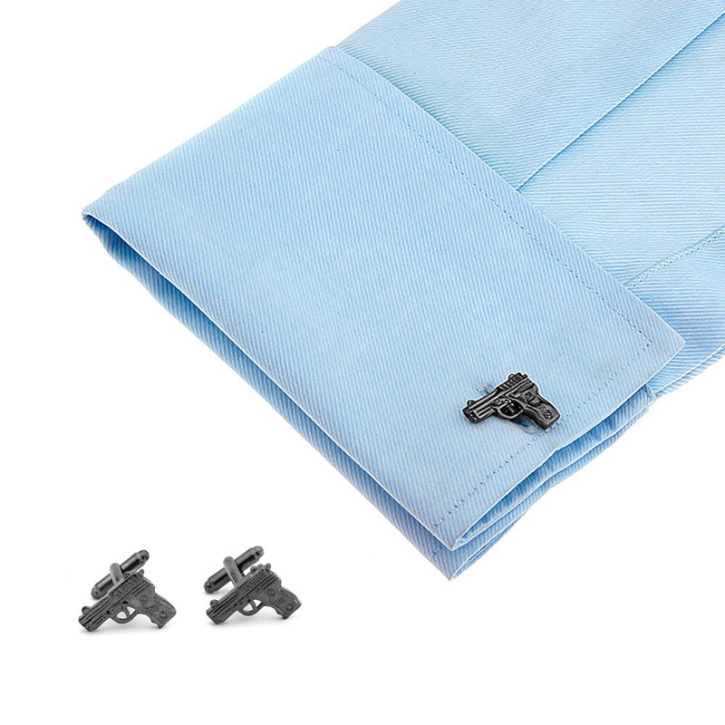 Hand Gun Cufflinks Pistol Gunmetal Black On Shirt Sleeve