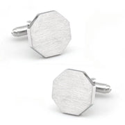 Brushed Hexagon Cufflinks Flat Silver Front View Pair