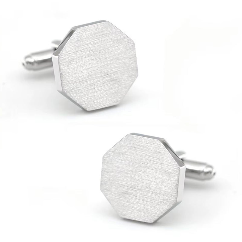Brushed Hexagon Cufflinks Flat Silver Front View Pair