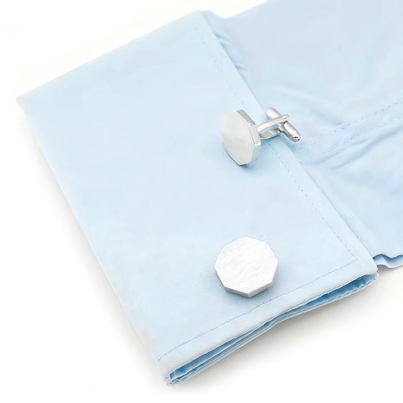 Brushed Hexagon Cufflinks Flat Silver On Shirt Sleeve