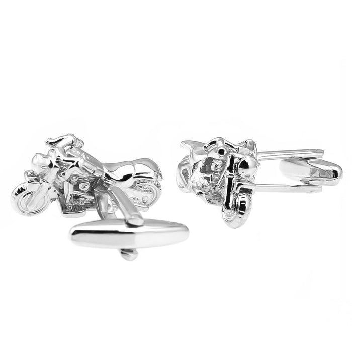 Classic Vintage Silver Motorcycle Cufflinks For Men Image Front and Side