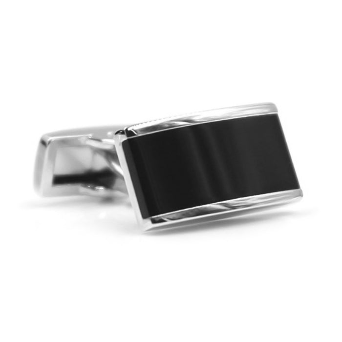 Black Enamel Centre Curved Rectangular Cufflinks Silver Front View
