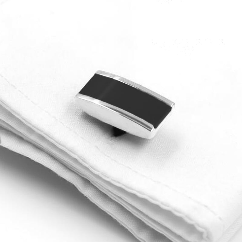 Cufflinks - Rectangular Curved Black Enamel Centre (Silver)