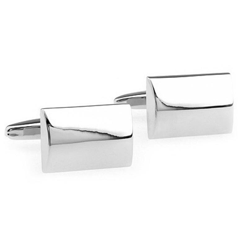Curved Glossy Silver Rectangular Cufflinks Image Front Pair