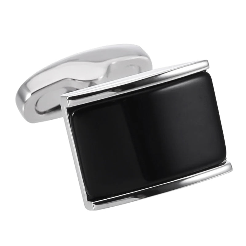 Black Onyx Stone Centre Curved Rectangular Cufflinks Silver Front View
