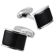 Black Onyx Stone Centre Curved Rectangular Cufflinks Silver Front Pair