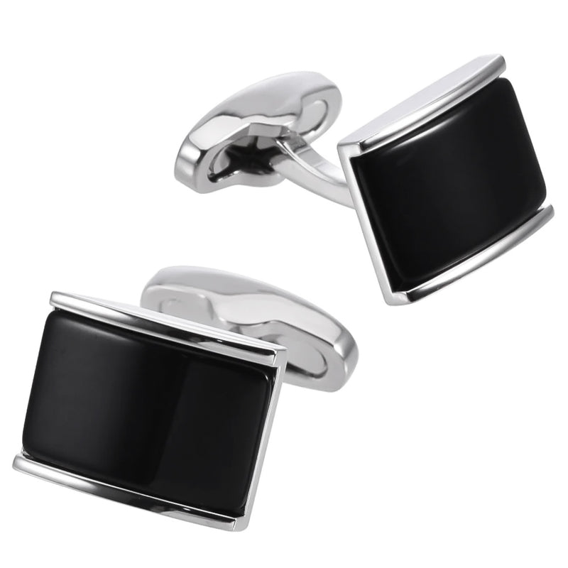 Black Onyx Stone Centre Curved Rectangular Cufflinks Silver Front Pair